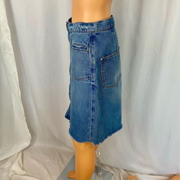 Etica Sophia Distressed Raw Hem Blue Denim Skirt Short Snap Front Women’s S - Picture 2 of 13